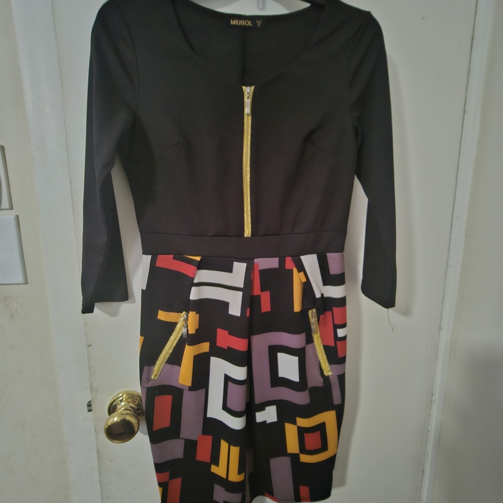 Miusol Black Dress with Bold Geometric Pattern